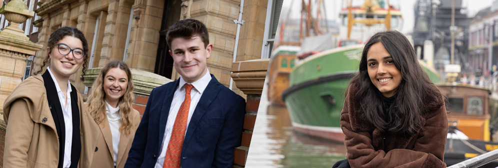 Split screen image with two female students and one male student smiling in front of a university building, with a second image of a female student smiling in front of an old ship in Bristol Harbour.